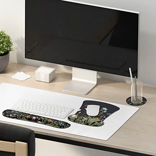 Keyboard Wrist Rest Support Ergonomic Mouse Pad Desk Memory Foam Keyboard Set Mousepad with Wrist Rest for Computer Keyboard Black Flower
