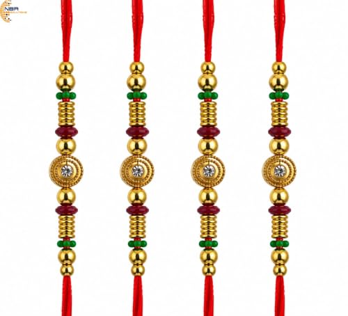 NBR Rakhi with Gold Beads, Red Thread, Crystal Centre and MultiColoured Beads for Bhai and Bhabhi- Pack of 4