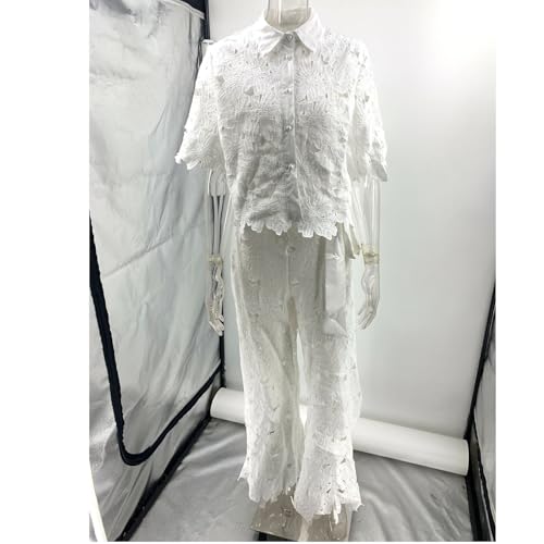 Elegance Floral Lace Cropped Shirt and Belt Pocketed Wide Leg Pants Set,Hollow Lace Women Sexy 2 Piece Outfits4