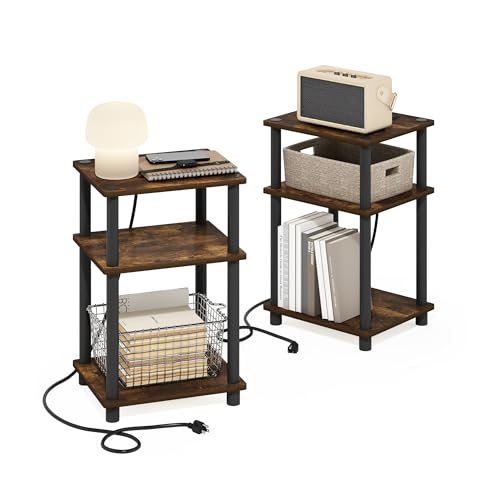 Image of Furinno Just 3-Tier Turn-N-Tube USB and Type-C Charging Port End Table with Open Storage, Amber Pine /Black, Set of 2