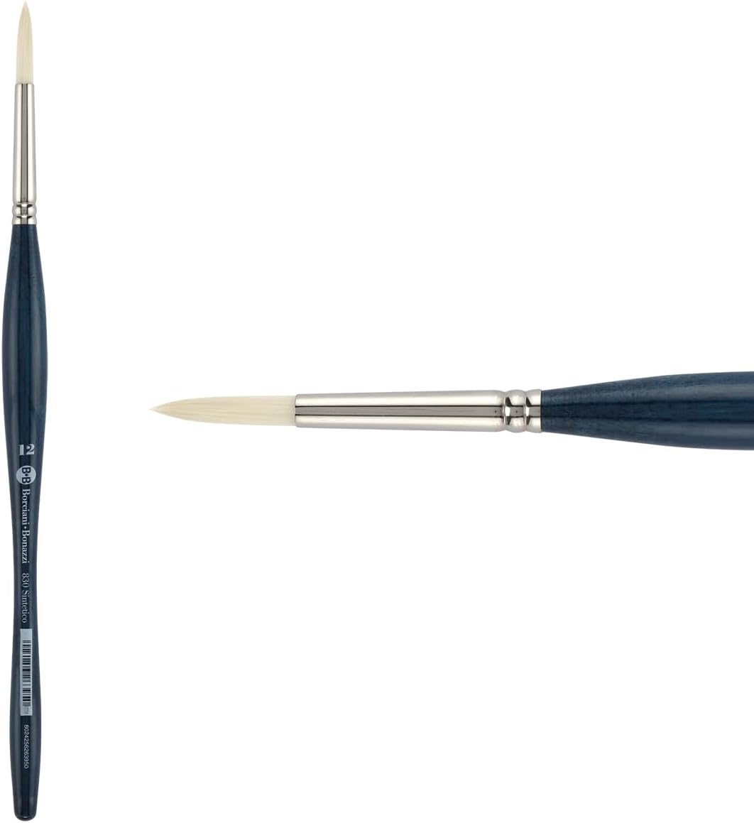 Borciani e Bonazzi Unico Bianco Synthetic Series 830 Paint Brush, Round 8 - Acrylic, Oil, Gel, Impasso Painting - Ergonomic Handle, Cruelty-Free, Brass Ferrule, Handcrafted in Italy