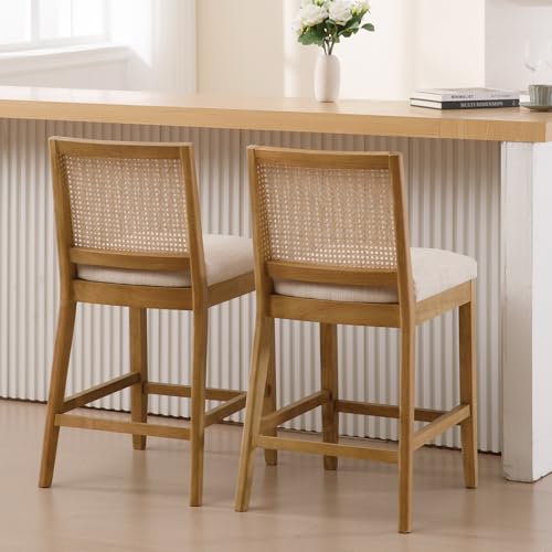 BESTANO Rattan Counter Stools Set of 2, 26 Inches Modern Counter Height Bar Stools Farmhouse Wooden Barstools with Back, Boho Linen Fabric Upholstered Kitchen Island Chairs, Cream - Thumbnail 3