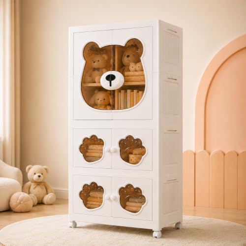 Image of KRISHYAM 3-Tier Kids Plastic Wardrobe, Hanging Rod & Wheels, Bear Paw Design Multipurpose Clothes & Toy Storage Cabinet, 123 x 69 x 32 cm