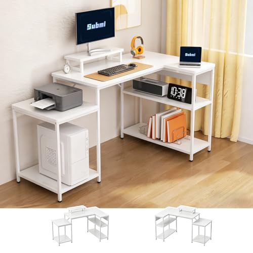 Submi Escritorio Esquinero Reversible con Altura Ajustable, 152x80cm Escritorio Gaming con Estante de Almacenamiento Reversible, Escritorios en L para Oficina en Casa con Soporte para Monitor, Blanco
