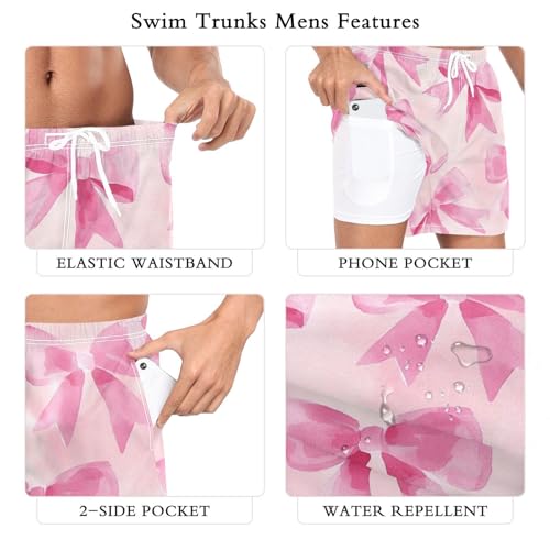 2 in 1 Mens Pink Bow Swim Trunks 4.7 Inch Swim Shorts Swim Suits Board Shorts（919）4