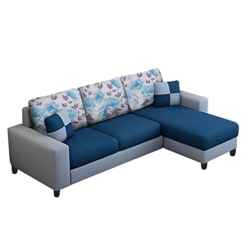 Image of Orland 4 Seater RHS L Shape Sofa with Center Table & 2 Puffy | Color - Blue Grey