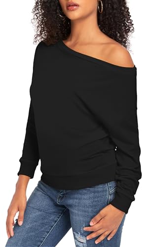 AM CLOTHES Sweatshirt for Women Off The Shoulder Tops Long Sleeve Sweatshirts Oversized Sweaters Shirts 3X-Large Solid Black — view 4
