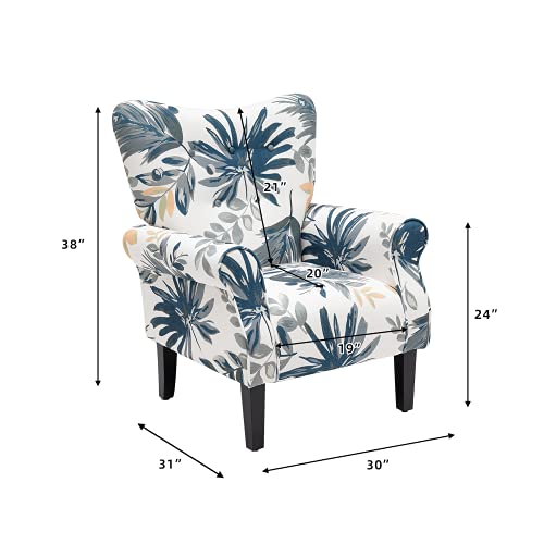YOLENY Modern Accent Chair,High Back Armchair,Upholstered Fabric Button Single Sofa with Wooden Legs for Living Room,Bedroom,Blue Leaves - Image 3