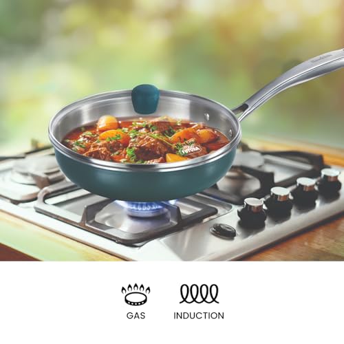Image of Hawkins 22 cm Triply Stainless Steel Olive Frying Pan | Induction & Gas Compatible | Easy-Clean Ceramic Exterior | with Lid | Green (POSF22G)