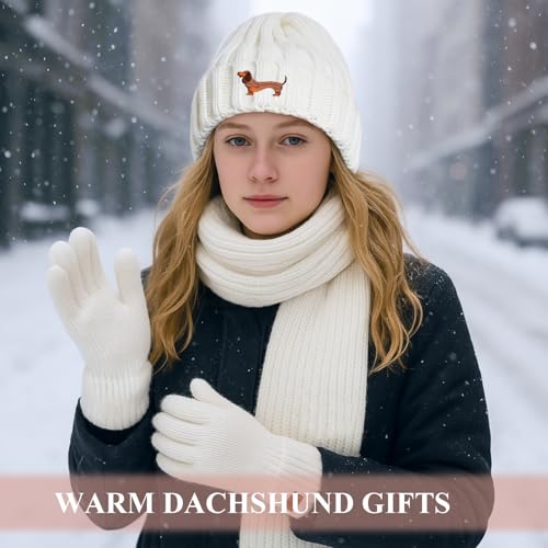 Geyoga Damen Mütze Schal Handschuhe Set Dackel Geschenke Hundeliebhaber Geschenke für Damen Handschuhe Warmer Langer Schal Weiche Strick Dackel Mütze Dachshund Geschenke für Kaltes Wetter(Weiß)