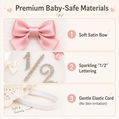 Packyouth Bow 6 Month Birthday Hat for Girls – Boho Half Birthday Crown with Satin Bows, Lace Trim & Glitter 1/2" | Cake Smash Photo Prop | Stretchy Elastic Strap(COLOR-3, 1/2) — view 5
