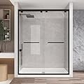 KPUY Glass Shower Door, 56-60" W x 76" H Semi-Frameless Sliding Shower Door, 1/4" (6mm) Thick Tempered Clear Glass with Explosion-Proof Film Nano Coating, Matte Black