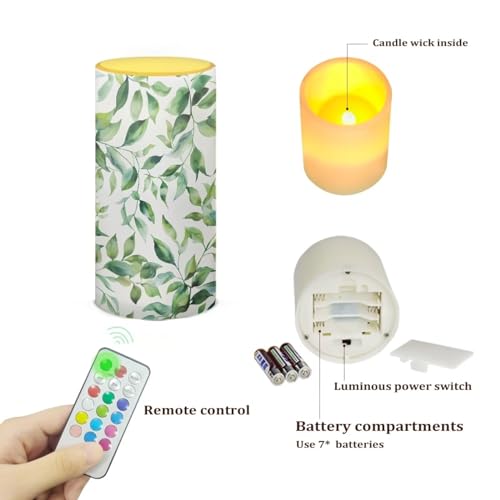 Image of Flameless Candle Battery Powered with Remote Control 12 Colors 4 /8 Hours Timer LED Night Lights Pillar Candle Tealights for Indoor Outdoor Home Wedding Decoration, Green Leaf White