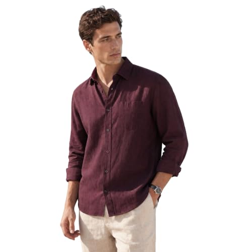 Image of Nobero Breezy Premium Linen Cotton Shirt for Men | Stylish Casual Shirts for Men | Semi Cut Collar | Box Pleat | Curved Hem | Regular Fit | Full Sleeve | S-XXXL