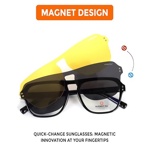 Image of HASHTAG EYEWEAR 3-in-1 Magnetic Clip-On Polarized Sunglasses for Men | Spectacle Frame with UV400 Protection | Day & Night Magnetic Glasses | Clip-On Eyewear for Men