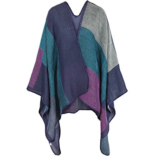 Meiwo-Damen-Winter-Reversible-Free-Size-Decke-Poncho-Cape-Plaid-Muster-Wrap-Schal-gestreifte-Strickjacken