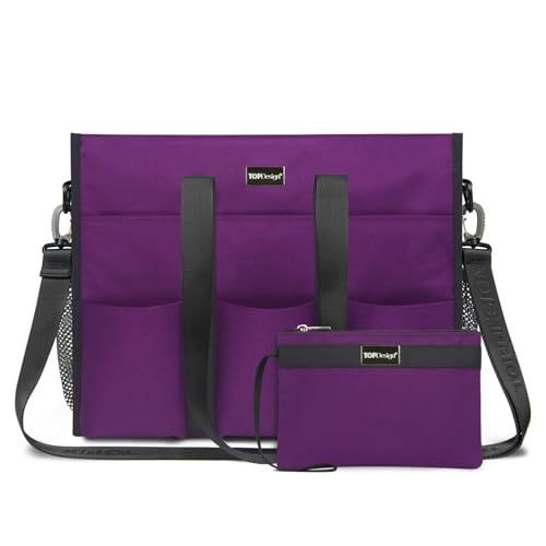 TOPDesign Utility Water Resistant Tote Bag with 22 Exterior & Interior Pockets Top Zipper Closure & Thick Bottom Support Perfect Gifts for Working Women Teachers Nurses Accountants (M Purple)