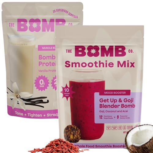 Blender Bombs The Bomb Co and Plant Protein Bundle, Superfood Smoothie Mix & Protein Powder with 20g Protein, Get up & Goji (10 Srvgs) Vanilla Protein (20 Srvgs)