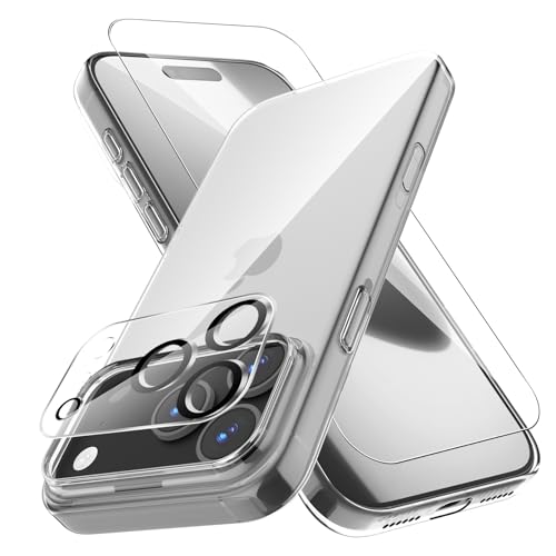 【1+1+1セット】For (i)Phone 17 Pro ケース+ガラスフィルム+カメラフィルム Mosasa 超薄型 クリア カバー 保護フィルム レンズ保護 衝撃吸収 9H硬度 飛散防止 自動吸着 気泡ゼロ 高透過率 高感度 透明 超高質感のサムネイル