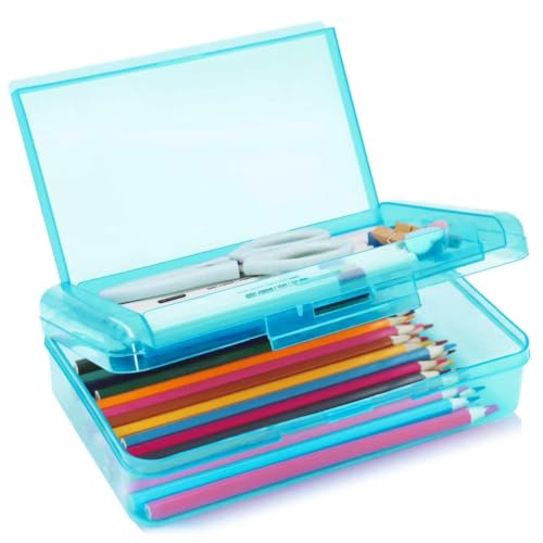 Image of 1 Pack Double Layer Hard Pencil Cases, Plastic Translucent Pencil Box with Snap-Tight Lid for Pens, Pencils, School, Stylish Office Supplies Storage Organizer Box, Medium-sized (Light Blue)