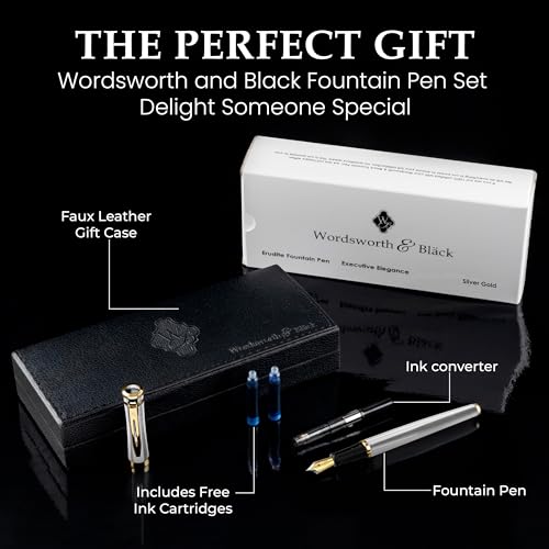 Image of Wordsworth & Black Fountain Pen Set for Writing,Extra Fine Nib, Silver | Gift for Men & Women, Brass Body, 18K German Iridium, Calligraphy, Converter + 24 Ink Cartridges, Refillable, Leak-Free
