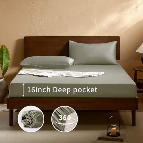 Image of EVERLY Queen Sheets Set Luxuriously 400 Thread Count Organic Rayon Derived from Bamboo Bed Sheet Set,Cooling Sheets for Queen Size 4 Piece Deep Pockets Bedding Sheets &Pillowcases-Light Grey