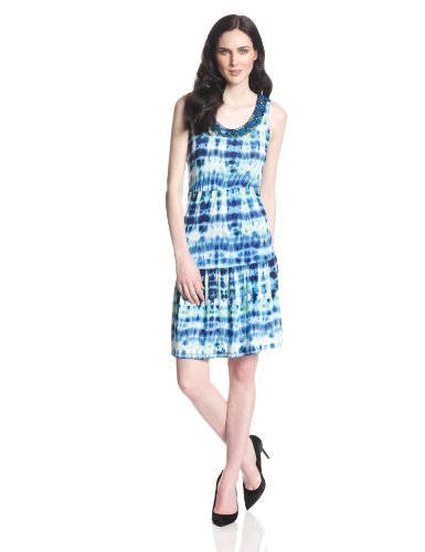 NY Collection Women's Petite Sleeveless Printed Tiered Dress with Embellished Neck