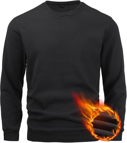 Peakwell Herren Rundhals Fleece Sweatshirts Warme Gefütterte Pullover Basic Langarm Shirts (Schwarz, M)