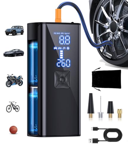 GJOSYOI Tire Inflator Portable Air Compressor, 2X Faster 150PSI Cordless Air Pump with LED Light and Digital Pressure Gauge for Car, Bike, Motorcycles and Sports Ball