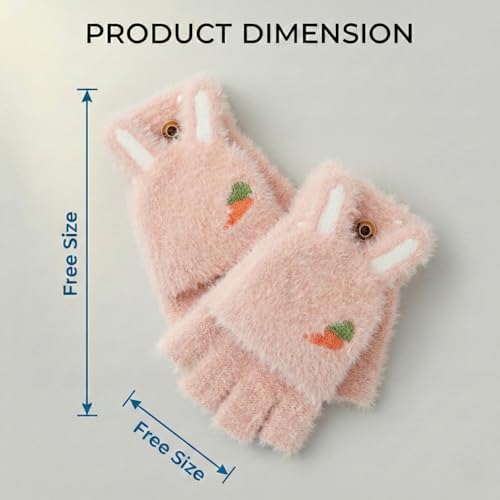 Image of Kraptick Cute Bunny Winter Gloves for Women & Girls - Fluffy Convertible Flip Top Mittens - Warm Fingerless Knitted Woolen Hand Warmer with Button Flap for Typing & Driving (Free Size, Pink)-5