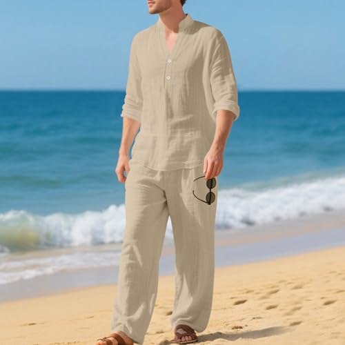 Mens Casual Two Piece Outfits Button Down Long Sleeve Shirts and Elastic Waist Pants Set Trendy Casual Vacation Outfit2