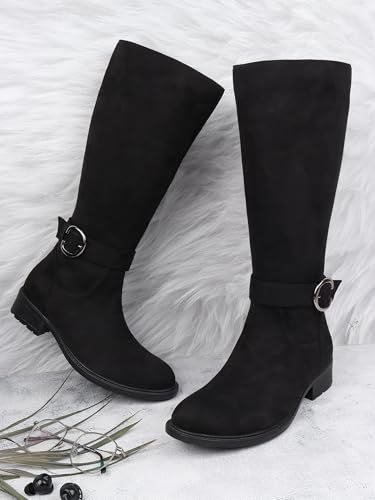 Image of ELLE Women High-Top Block Heel Fashion Boots With Buckle Detail