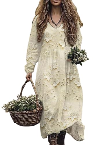 Minetom Damen Langes Boho Kleid Vintage Kleider mit Blumenmuster Langarm Maxikleid Frühling Sommer Blumenkleid Freizeitkleid A Beige L
