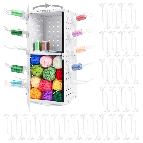 Image of Metal 360 Fully Rotating Thread Rack, Detachable Thread Holder Organizer with Inner Storage Compartments for Sewing, Embroidery, Hair-braiding and Jewelry (White)