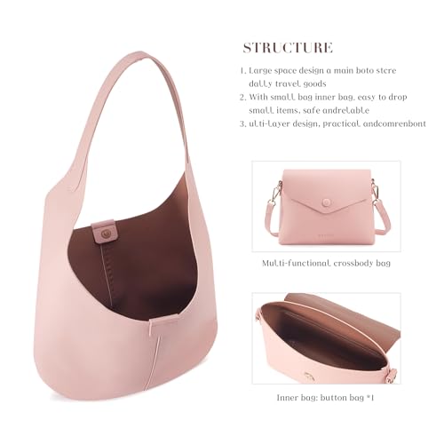 Image of HKCLUF Hobo Bags Purses for Women 2PCS /Set,Soft Vegan Leather Slouchy Shoulder Hobo Handbags with Small Crossbody Bags for Women (pink)
