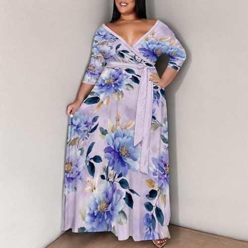 Image of SUZONANA Plus Size Maxi Dresses for Curcy Women Casual Loose 3 /4 Sleeve Long Dress with Belt