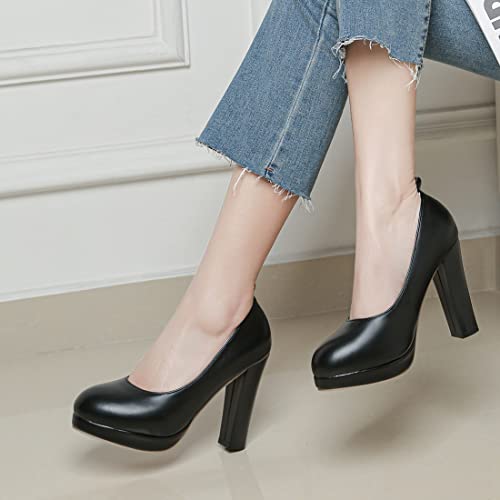 VOKLIN Women's Round Toe Platform Chunky Block High Heel Pumps Ankle Strap Party Dress Mary Janes Pump Shoes 7
