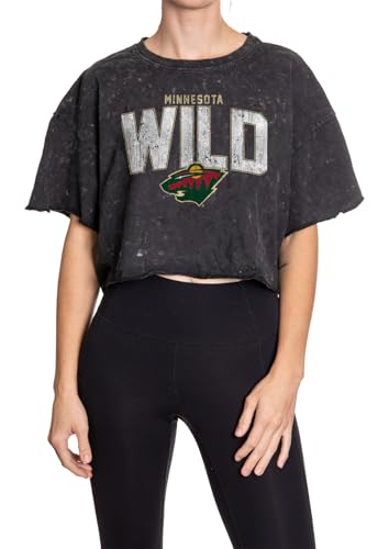 Calhoun NHL Surf & Skate Womens Oversize Drop Shoulder Acid Wash Cropped T-Shirt (Small/Medium, Minnesota Wild)