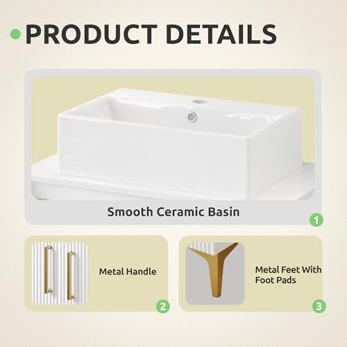 YITAHOME 30 Inch Bathroom Vanity with Vacuum Forming, Freestanding Storage Cabinet Vanity with Counter Top Sink Combo, 2 Large Soft Closing Doors with Shelf, Gold Handles & Legs, White