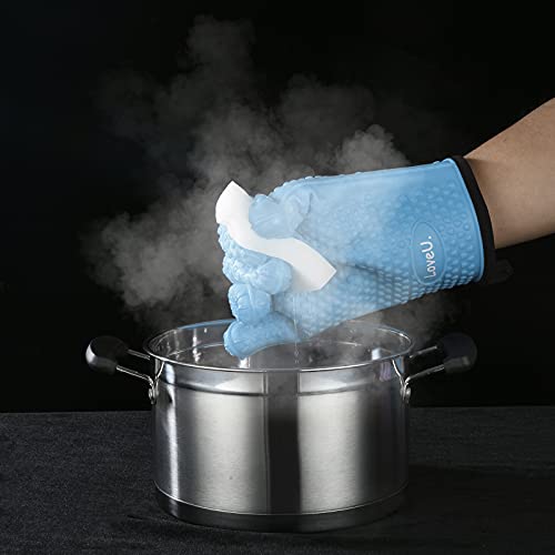 Image of Kitchen Oven Gloves - Dual-Layer Heat Resistant Grilling Gloves, Silicone Oven Mitts with 5 Fingers, Waterproof Non-Slip Pot Holder for Barbecue, Cooking, Baking (XL-XXXL, Blue)