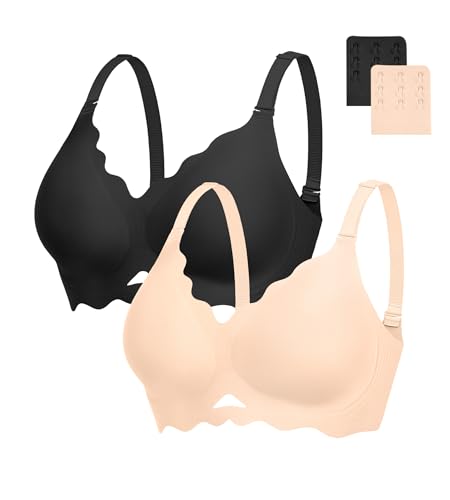 Image of Wireless Jelly Bras for Women No Underwire - S-2XL Seamless T-Shirt Bra with Support Full Coverage Comfort Bralette, Black+Skin, S