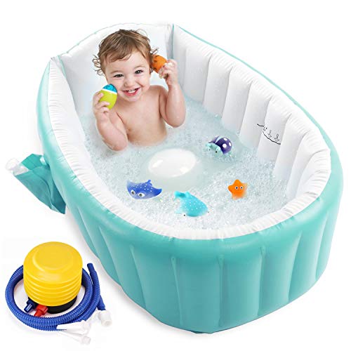 Image of Baby Inflatable Bathtub, Portable Infant Toddler Bathing Tub Non Slip Travel Bathtub Mini Air Swimming Pool Kids Thick Foldable Shower Basin, Green
