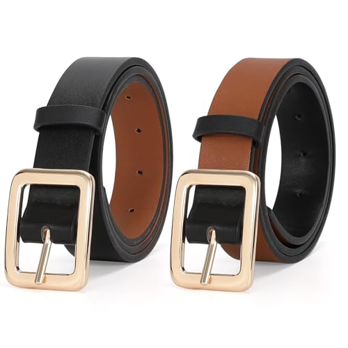 Image of SUOSDEY Women Reversible Leather Belts for Jeans Pants Dresses Ladies Black /Brown Belts with Fashion Gold Buckle, A: Black / Brown(type 1), fits waist from 28 inch-32 inch