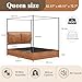 Modern Canopy Bed Frame with Upholstered Faux Leather Headboard – Tall Four Poster Metal Platform Bed, No Box Spring Needed, Queen Size, Brown and Black