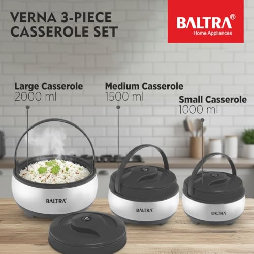 Image of BALTRA Inner Stainless Steel Casserole Set | Keeps Food hot & Fresh Chapati, Roti, Biryani | Serving Bowl with Lid | Hot Box for Kitchen | House Warming Gifts Set (Verna (1000ML,1500ML, 2000ML))