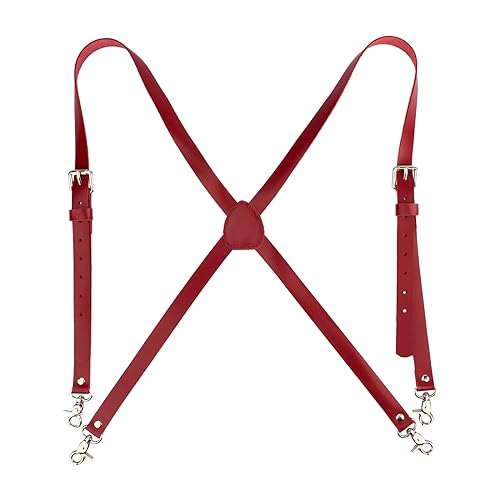 TINIDI Men Suspenders X Back Design Heavy Duty Western Leather Suspenders with 4 Metal Clips Groomsmen Gifts Wedding(Wine Red,L)
