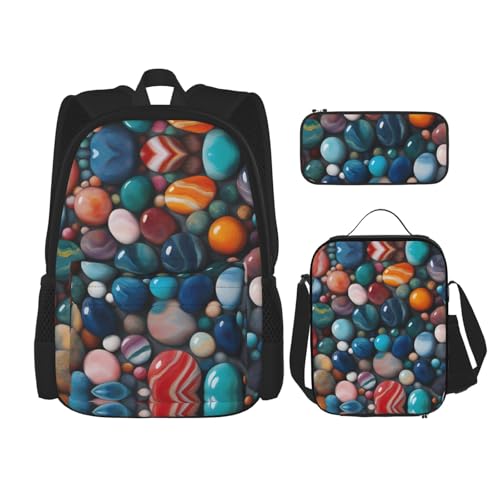 Colored Marble 3-Piece Set Backpack, Lunch Bag, And Pencil Case, Casual Cute Sets For Travel And College