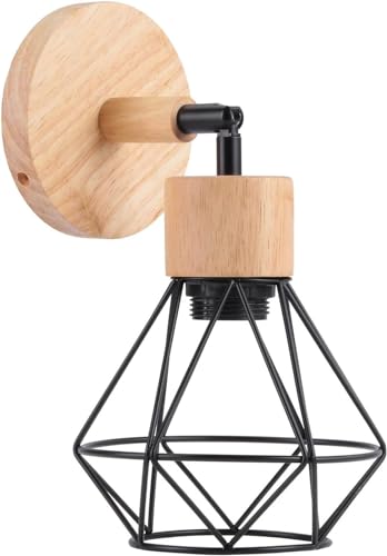 Aplique de pared madera industrial, jaula alambre negro, lámpara, aplique retro, accesorios iluminación granja for interiores, apliques metal cesta negra