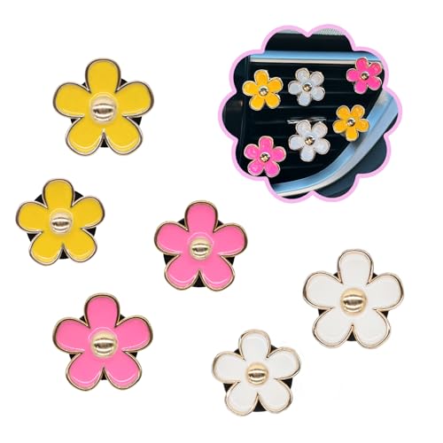 Image of ORIESSE 6pcs Flowers Car Air Freshener Vent Clips,Pink Yellow White Daisy Flowers Air Vent Clip Car Accessories for Women,3.3cm /3cm Flower Girly Vehicle Decor Refillable Outlet Diffuser