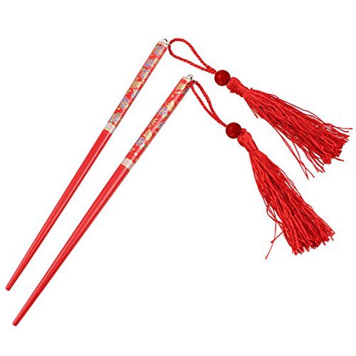 Floral Wood Chopstick Hair Stick with Tassels Red [Pair] Amazon.in